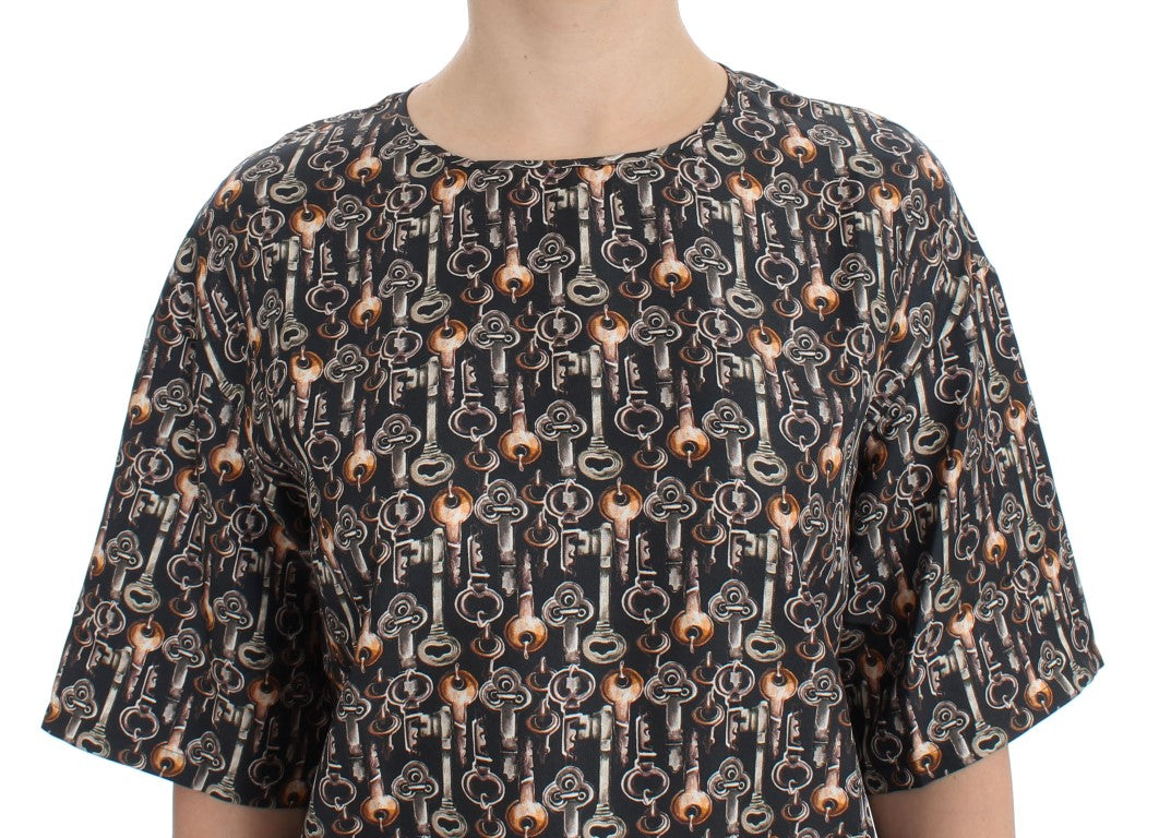 Dolce & Gabbana Grå Guldfärgad Nyckeltryck Sidenblus T-shirt
