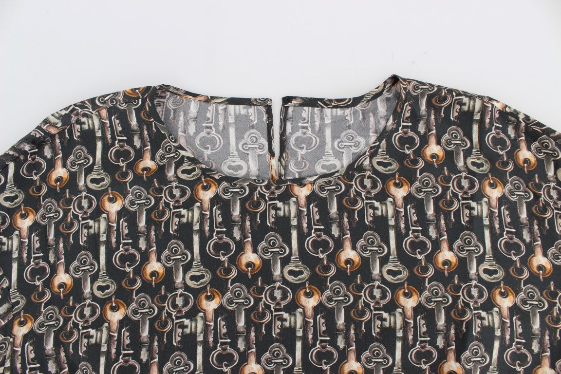 Dolce & Gabbana Grå Guldfärgad Nyckeltryck Sidenblus T-shirt