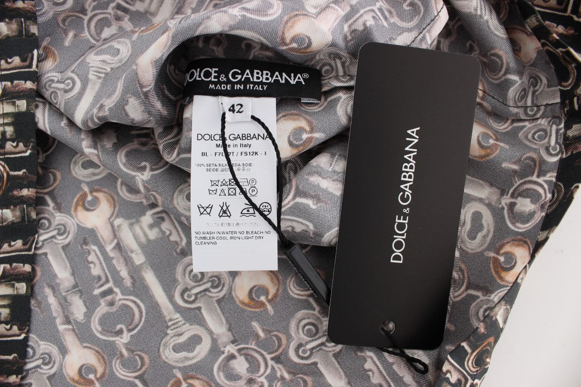 Dolce & Gabbana Grå Guldfärgad Nyckeltryck Sidenblus T-shirt