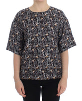 Dolce & Gabbana Gray Gold Key Print Silk Blouse T-shirt