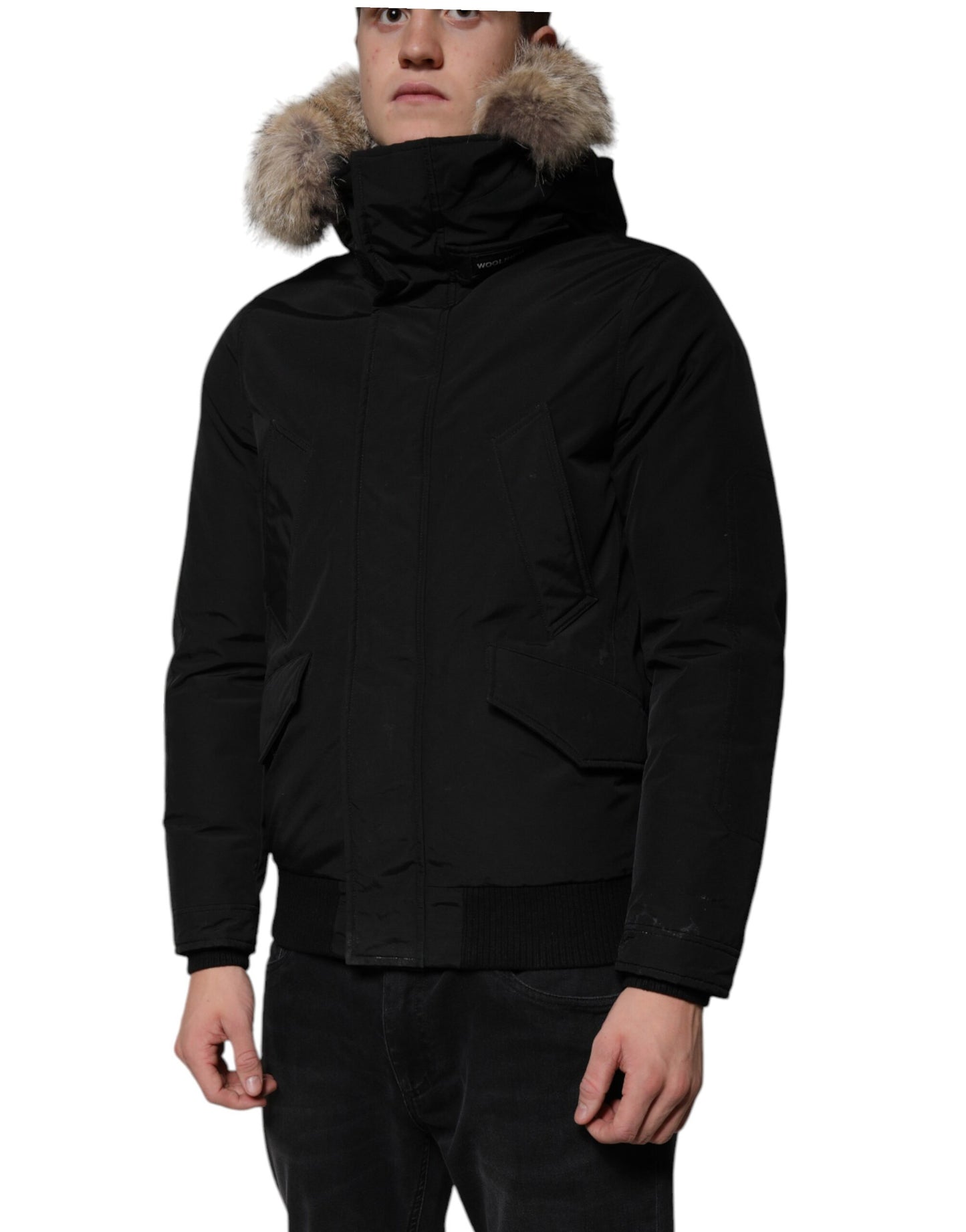 Woolrich svart hettejakke med lange ermer og pelsfrakk