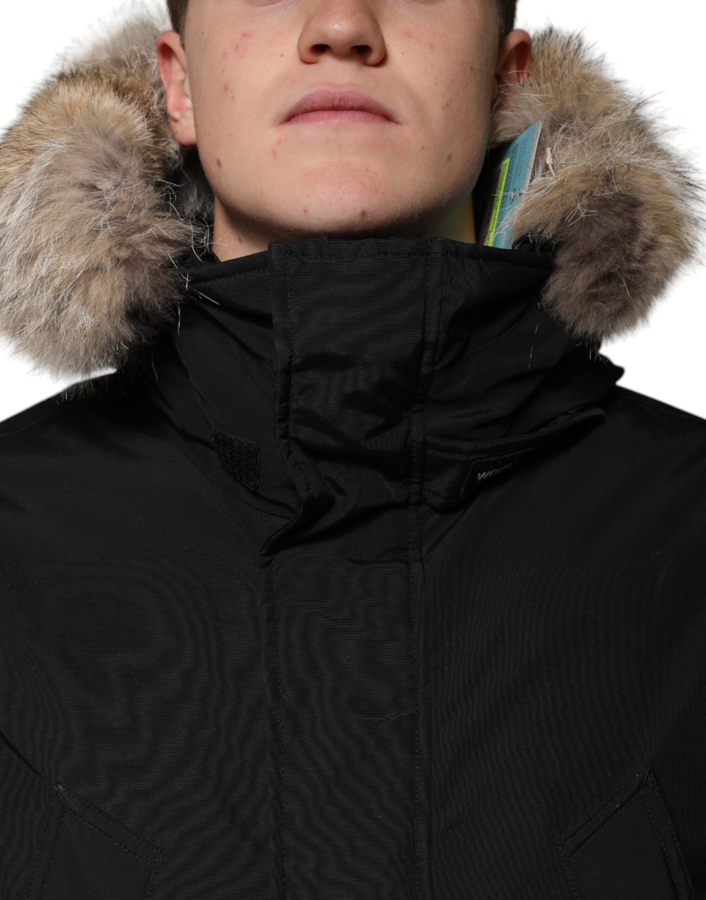 Woolrich svart hettejakke med lange ermer og pelsfrakk