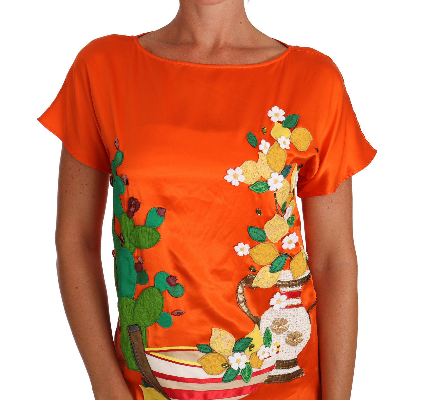 Dolce & Gabbana Silke Oransje Sitron Krystall T-skjorte Topp