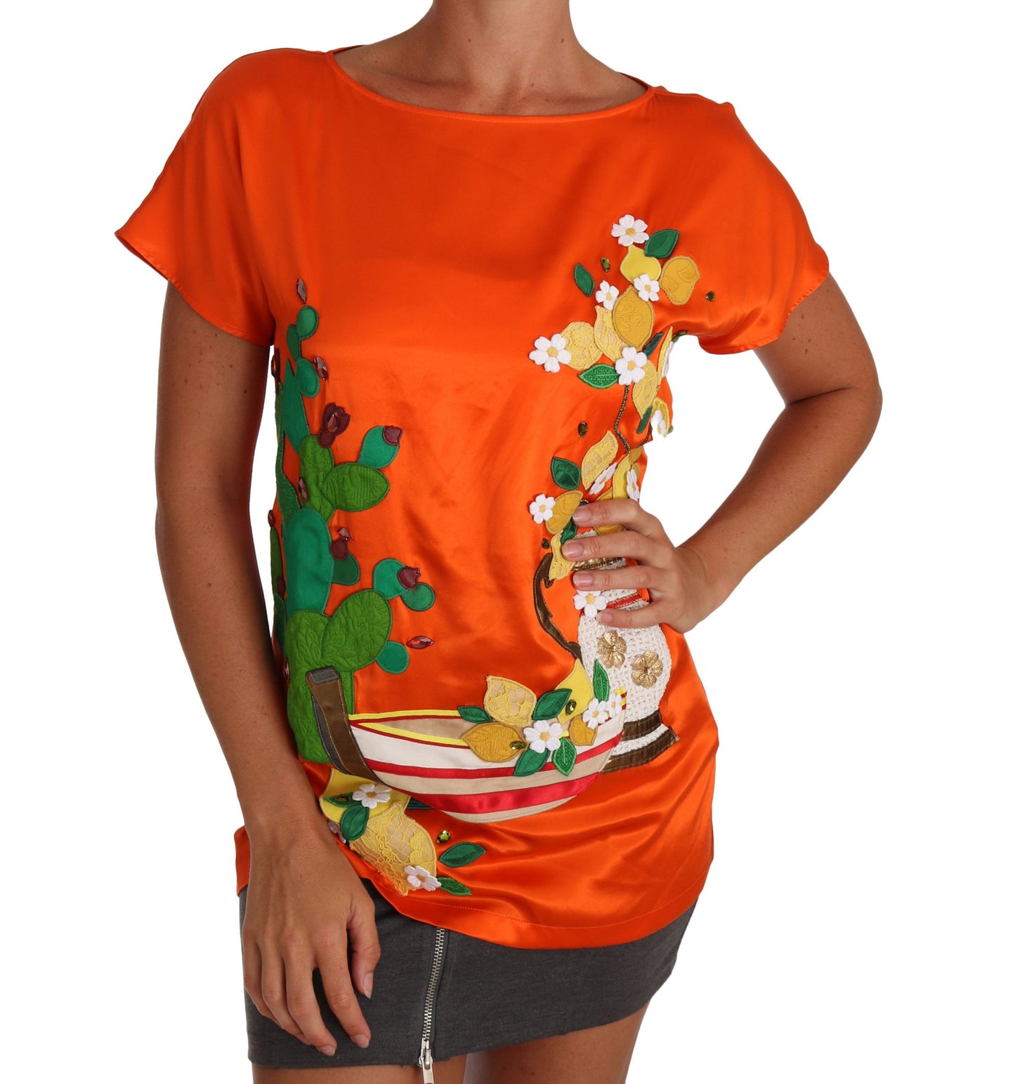 Dolce & Gabbana Silke Oransje Sitron Krystall T-skjorte Topp