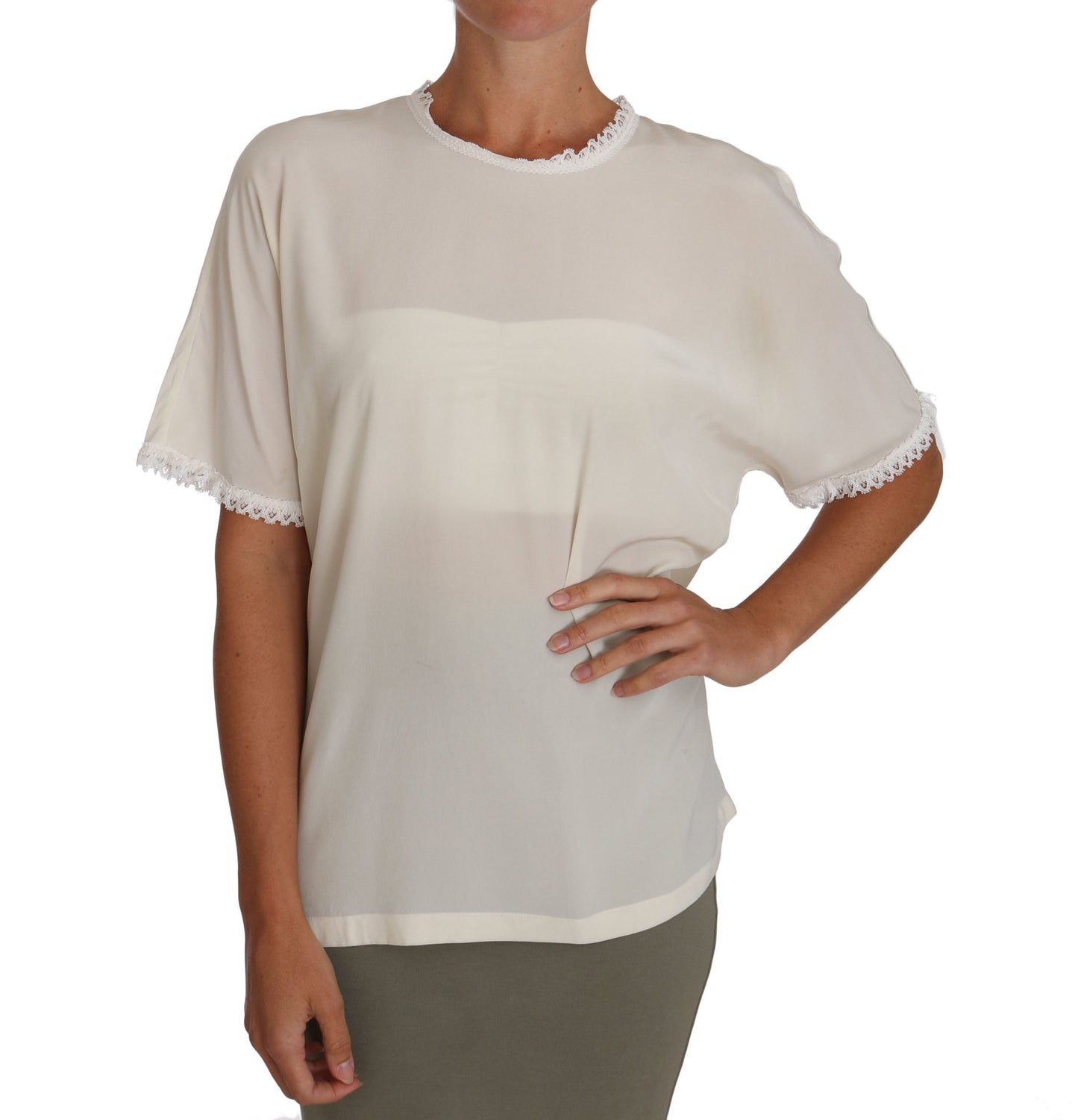 Dolce & Gabbana Vit Krämfärgad Sidenspetsblus T-shirt