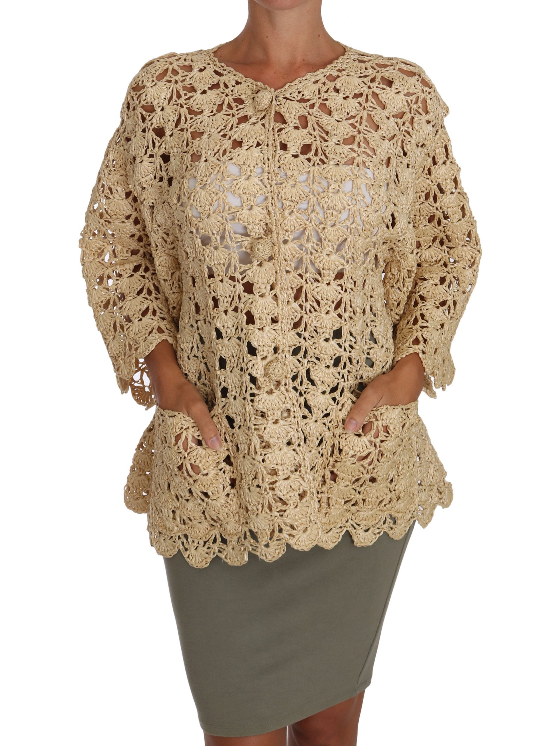 Beige Cardigan Heklet Strikket Raffiagenser