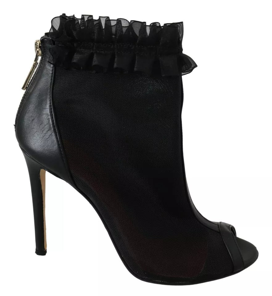 Svarta Lädernät Stilettklackar Peep Toe Stövlar Skor