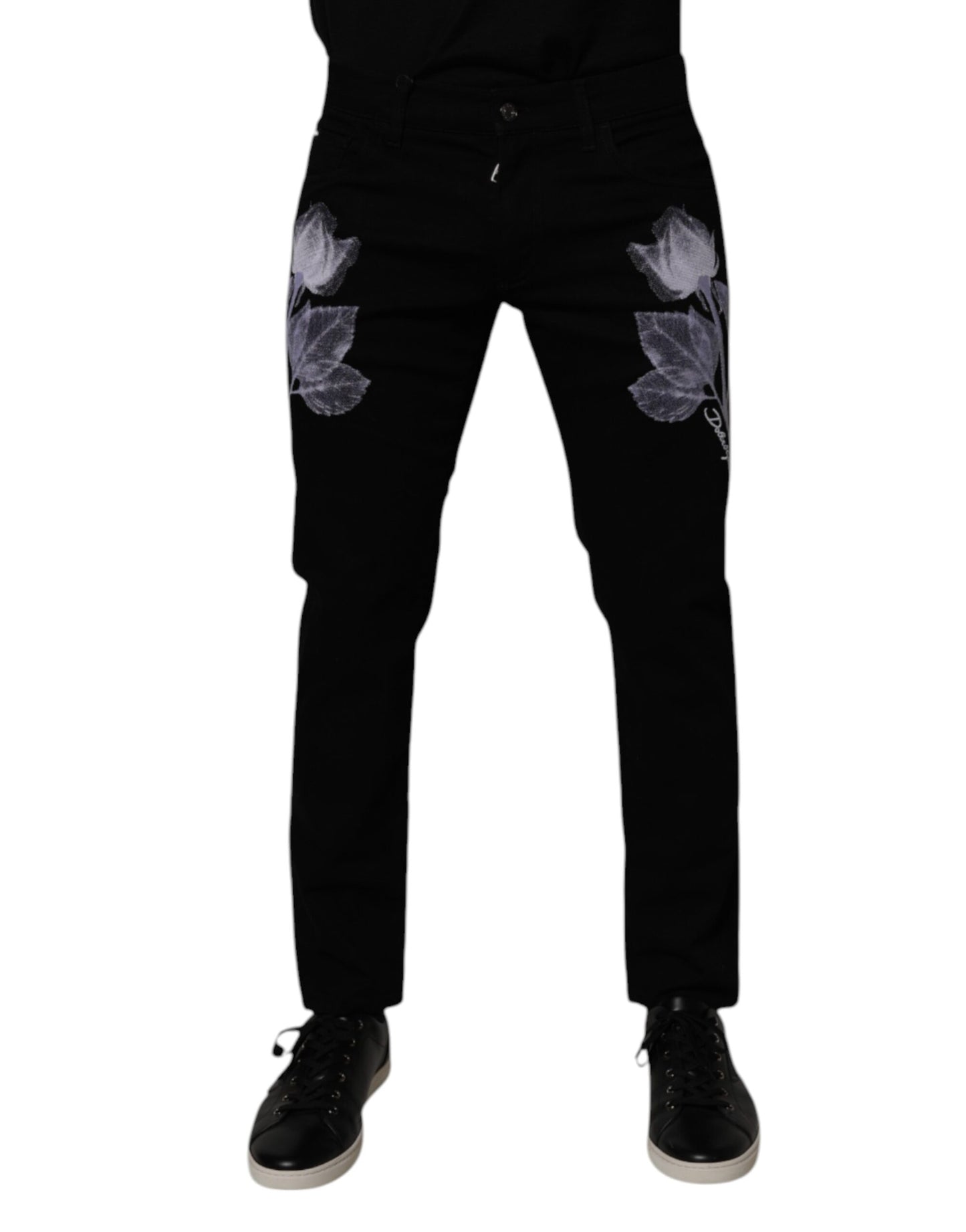 Dolce & Gabbana Svarte Blomstrete Bomull Skinny Herre Denim Jeans