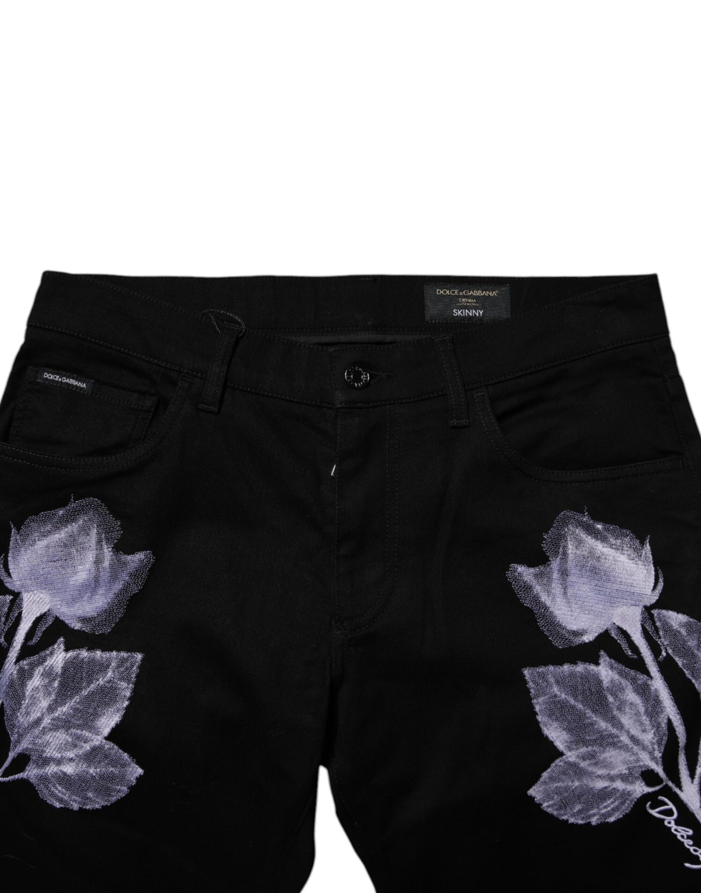 Dolce & Gabbana Svarte Blomstrete Bomull Skinny Herre Denim Jeans
