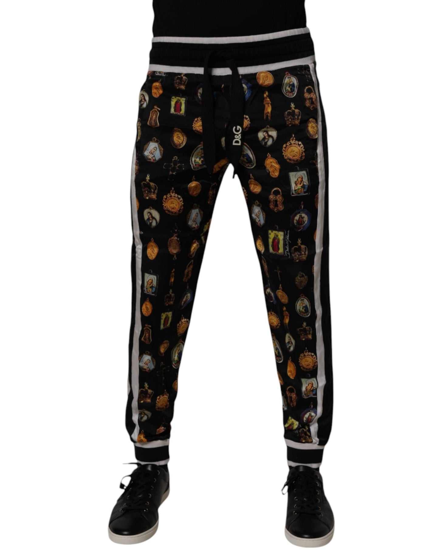 Dolce & Gabbana Svarta Joggingbyxor i Siden med Religiöst Tryck