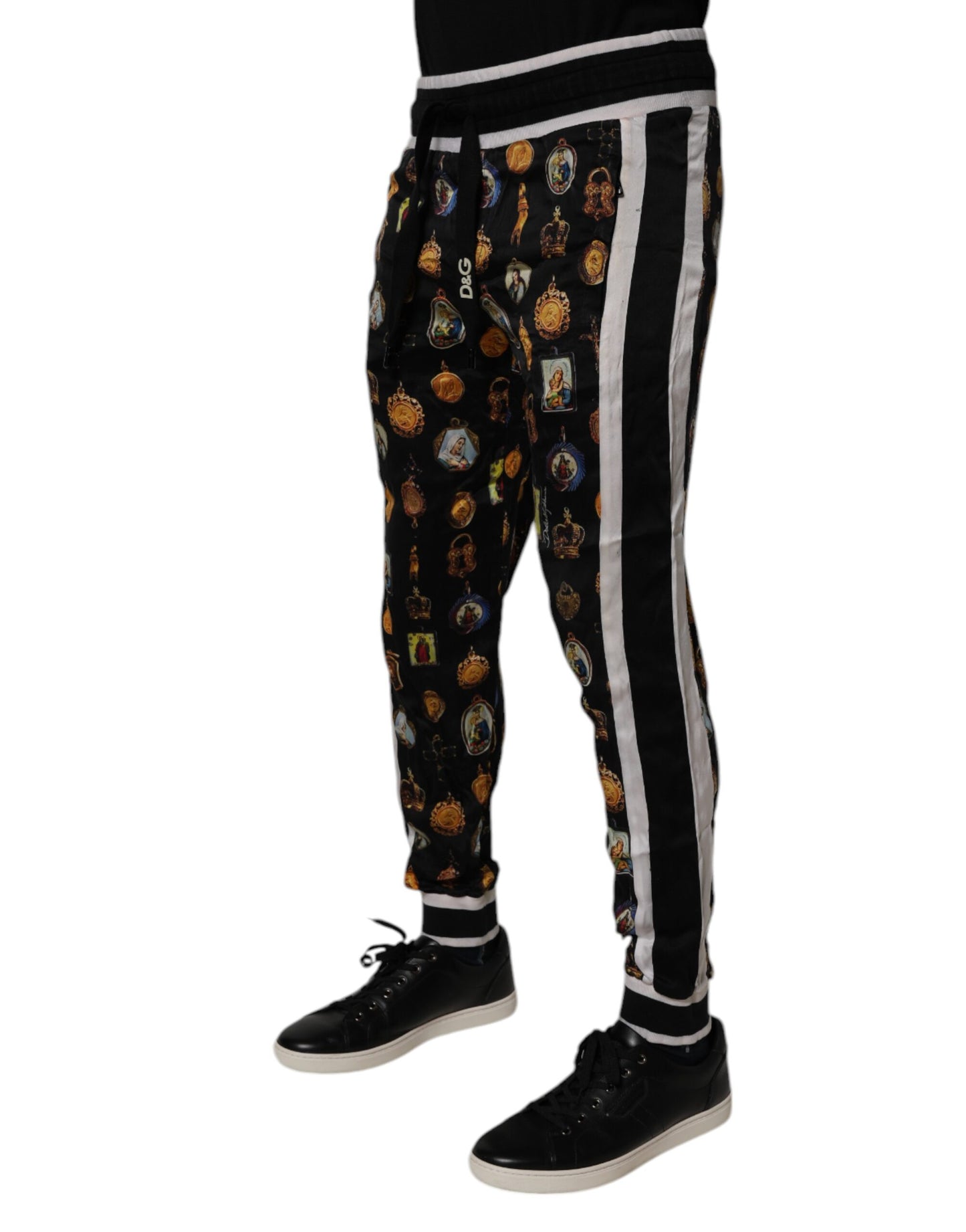 Dolce & Gabbana Svarta Joggingbyxor i Siden med Religiöst Tryck
