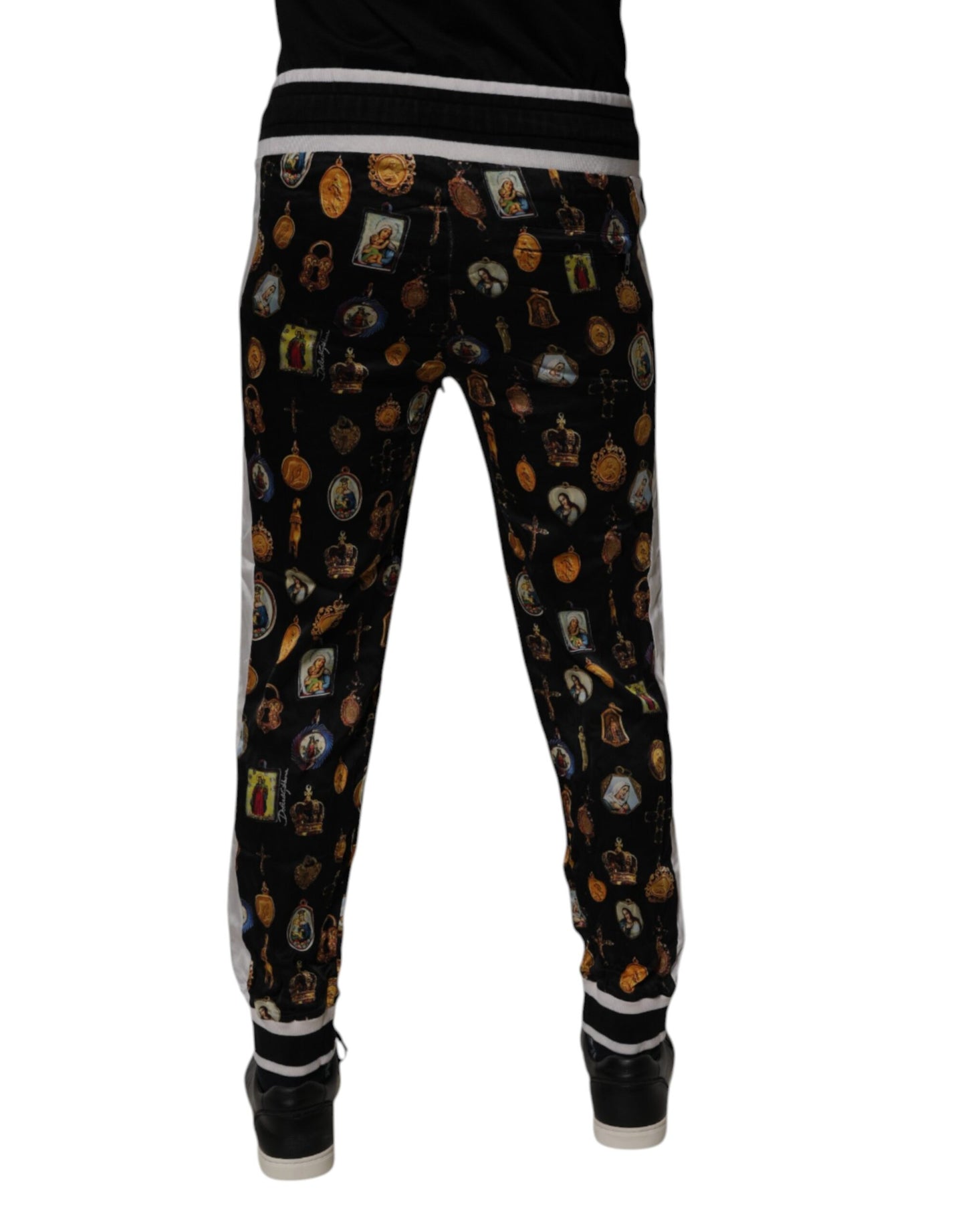 Dolce & Gabbana Svarta Joggingbyxor i Siden med Religiöst Tryck