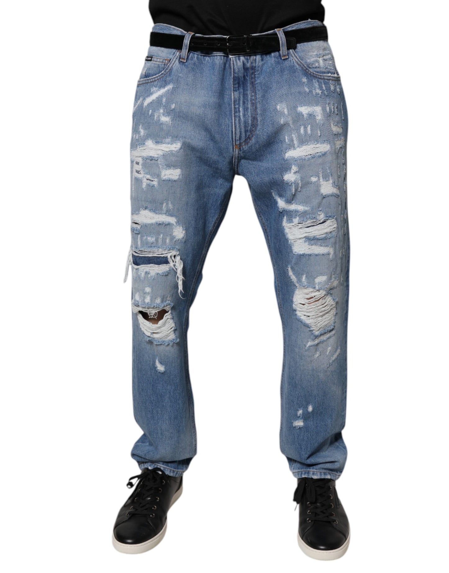 Dolce & Gabbana Blå Trasiga Raka Bomullsjeans