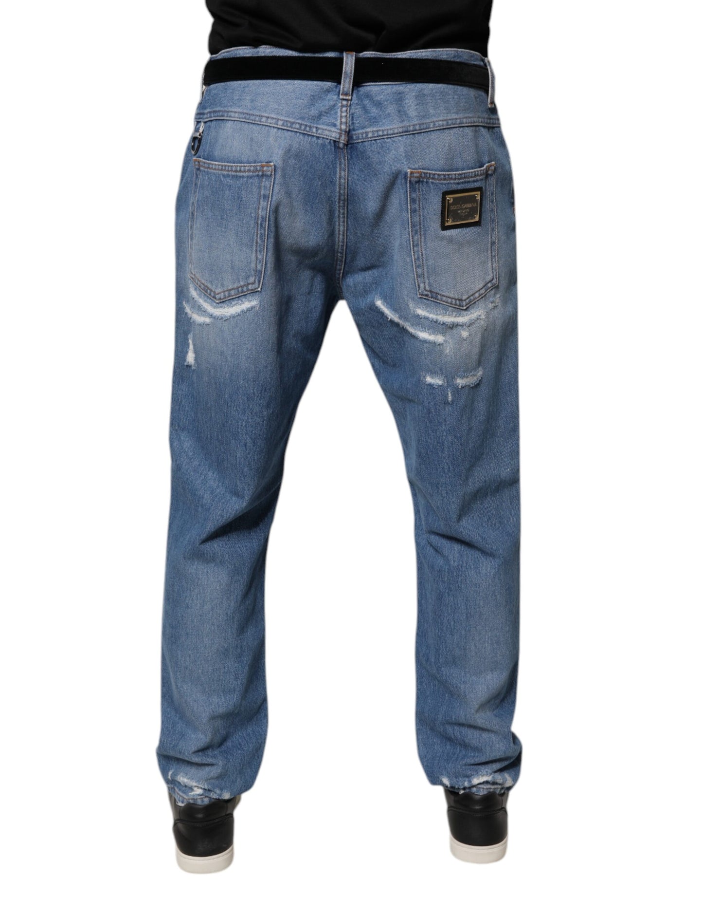 Dolce & Gabbana Blå Trasiga Raka Bomullsjeans