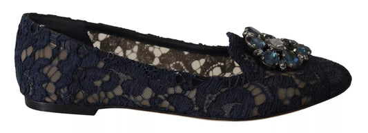 Dolce & Gabbana Blue Crystal Loafer Lace Ballet Flats Shoes