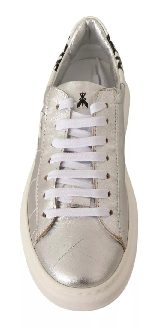 Patrizia Pepe Silver Full Grain Leather Lace Up Sneakers Shoes