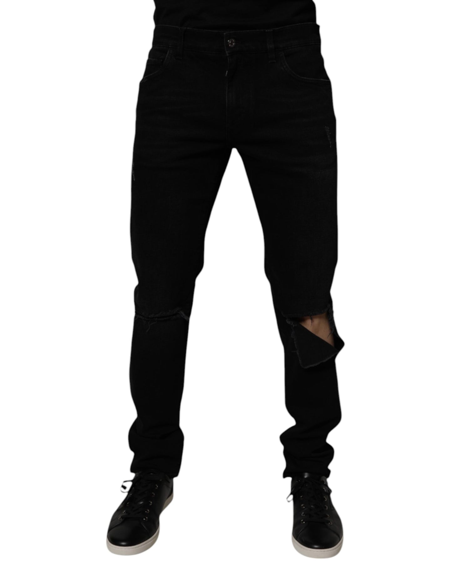 Dolce & Gabbana Svarta Bomullsslitna Skinny Denim Jeans Herr