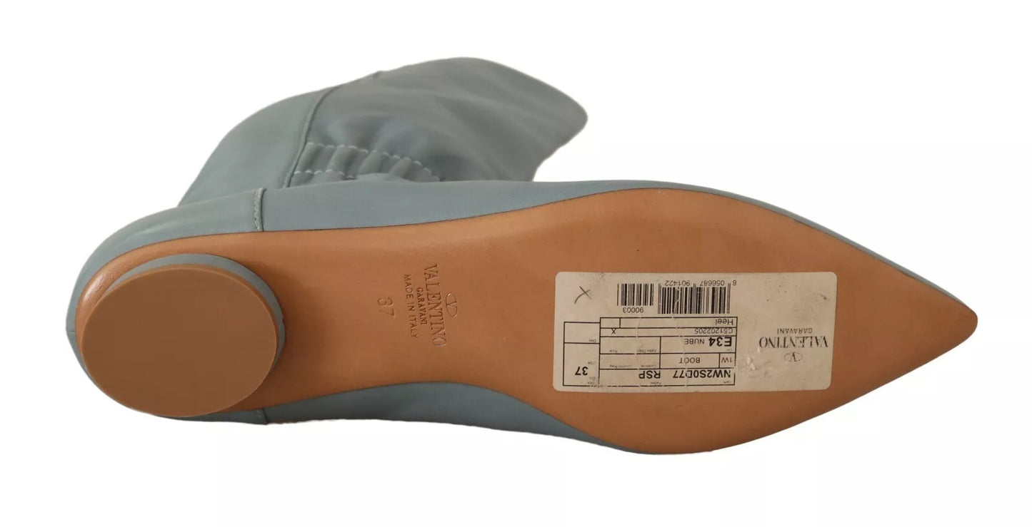 Valentino Blå Läder Elastiska Platta Knähöga Stövlar