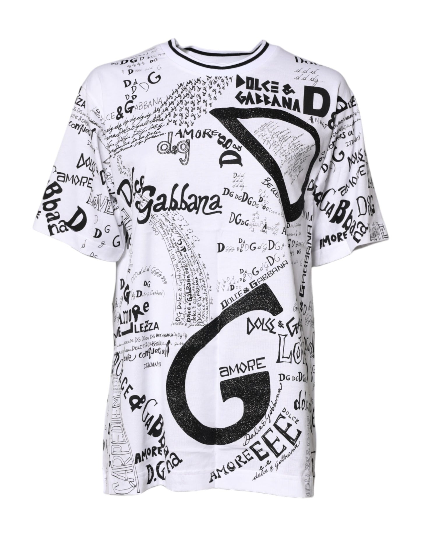 Dolce & Gabbana Vit Graffititryckt Bomulls-T-shirt med Rund Hals