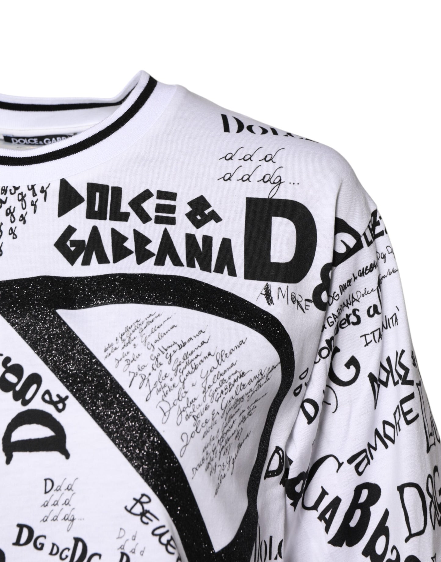 Dolce & Gabbana Vit Graffititryckt Bomulls-T-shirt med Rund Hals