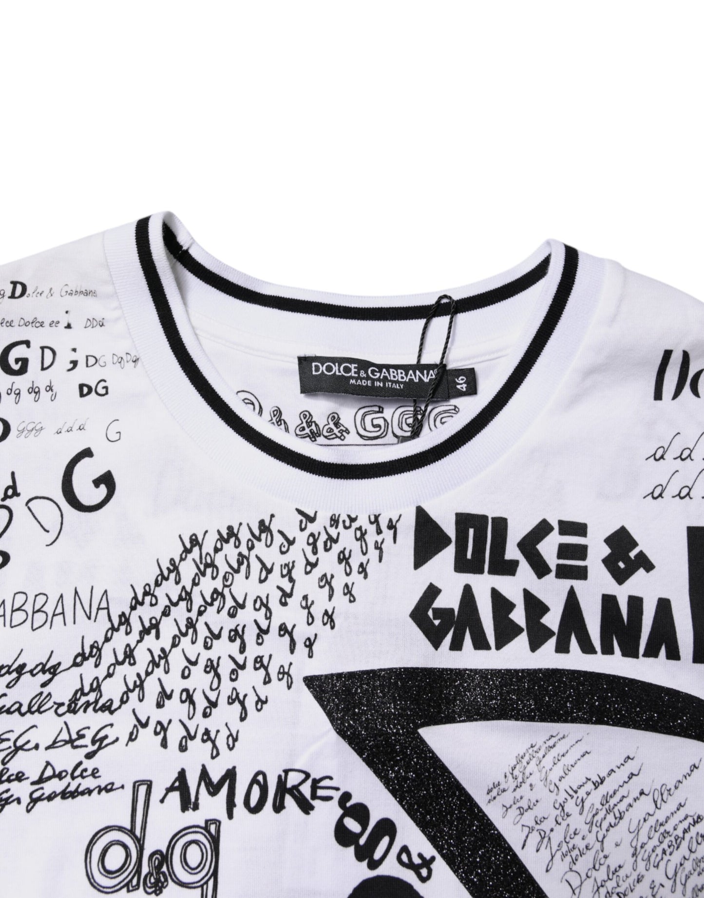 Dolce & Gabbana Vit Graffititryckt Bomulls-T-shirt med Rund Hals