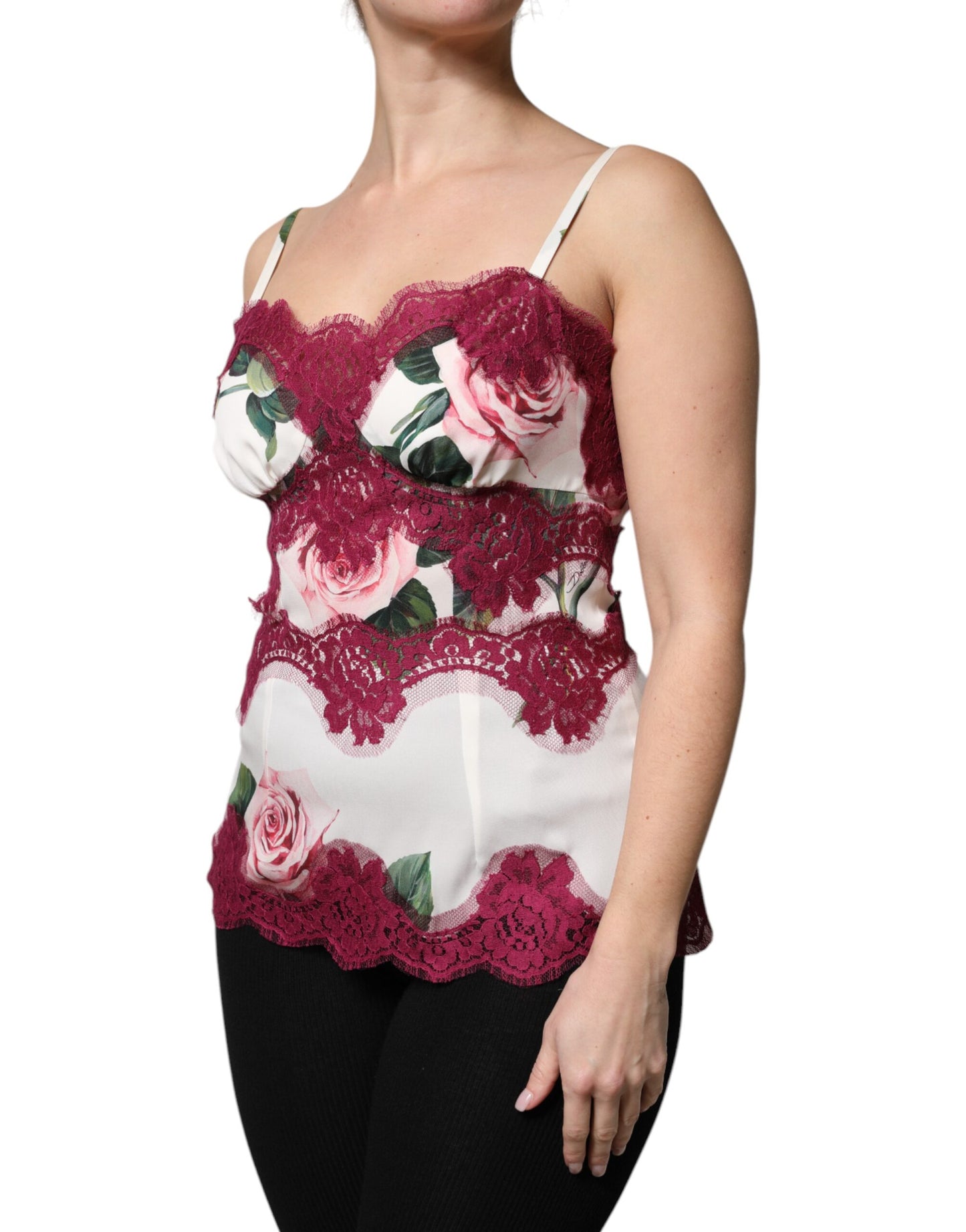 Dolce & Gabbana Vitt Rosmönster Satin Spetslinne Underkläder