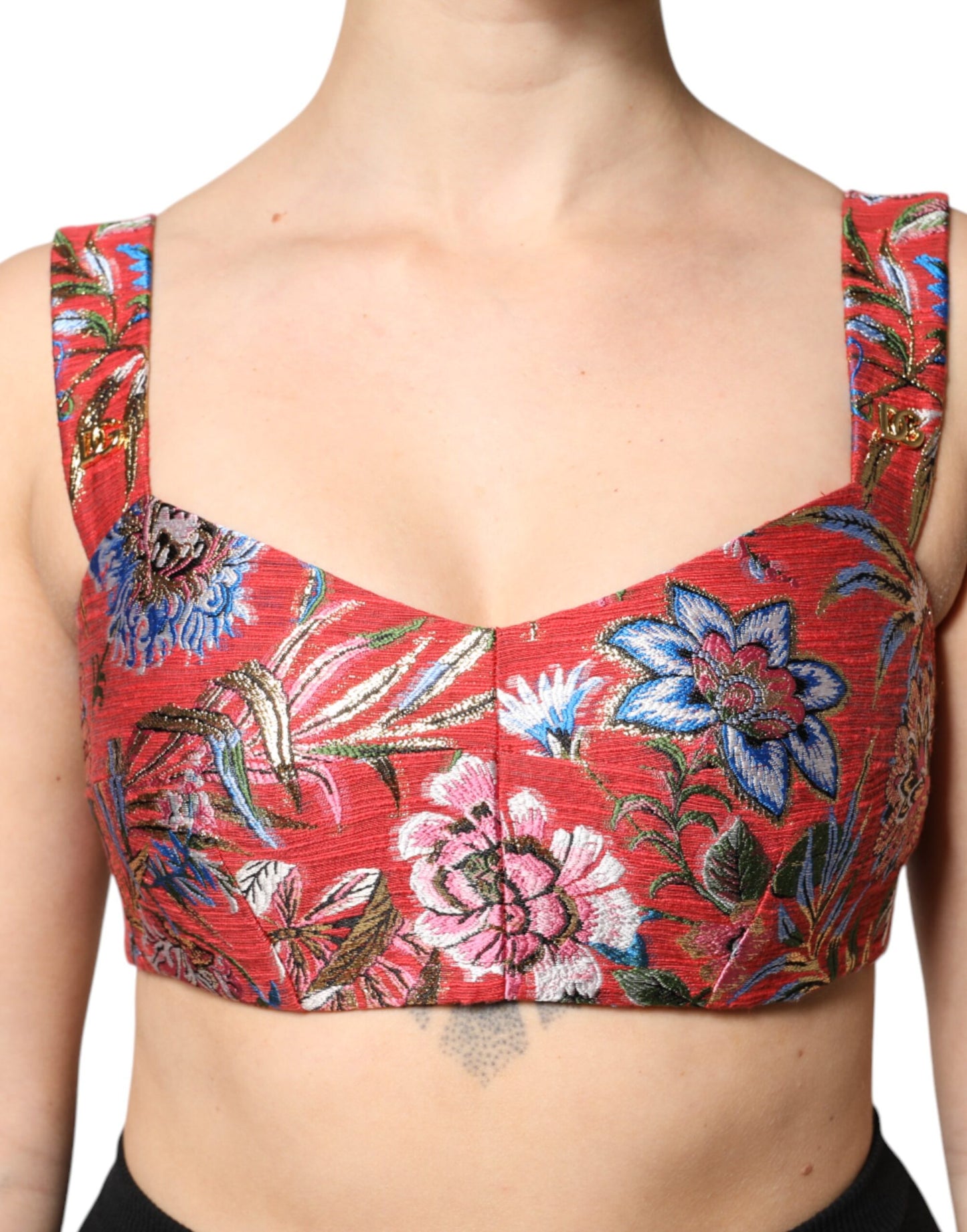 Dolce & Gabbana Röd Blommig Brokad Beskuren Bustier Korsetttopp