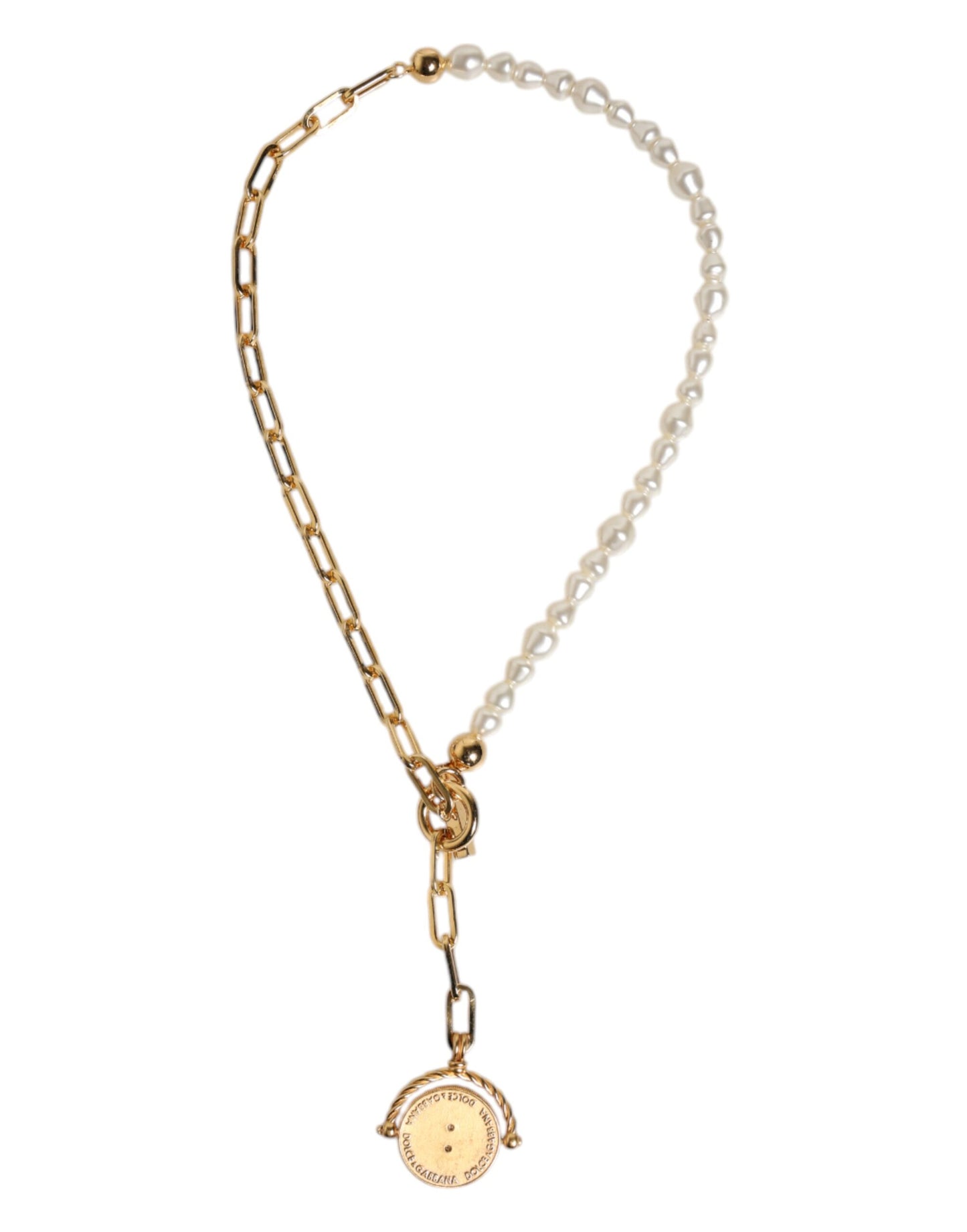 Dolce & Gabbana Gold Chain Brass Faux Pearl Charm Logo Pendant Necklace