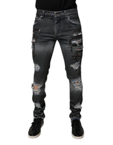 Dolce & Gabbana Dark Gray Tattered Cotton Skinny Denim Jeans
