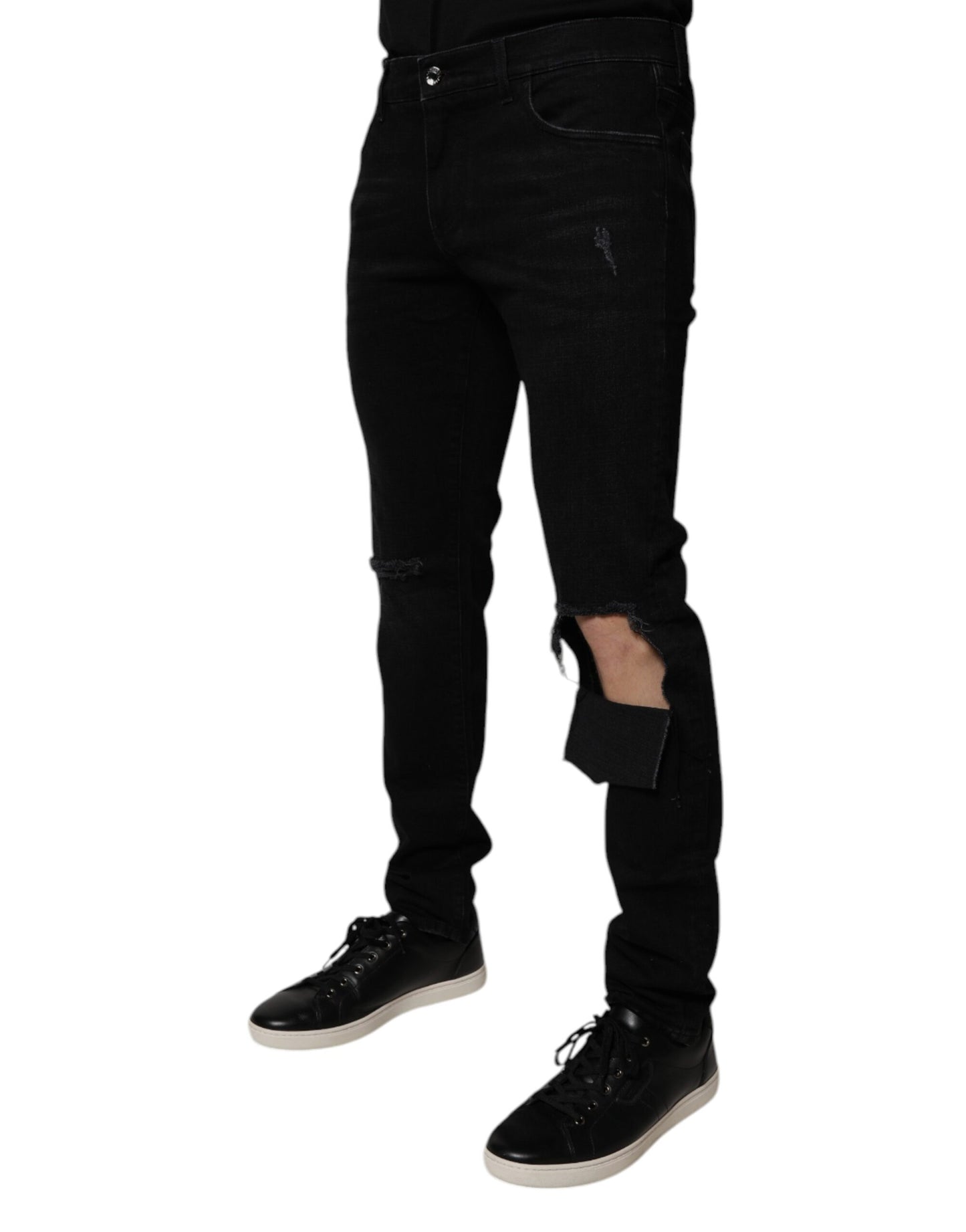 Dolce & Gabbana Svarta Ripped Cotton Skinny Herrjeans