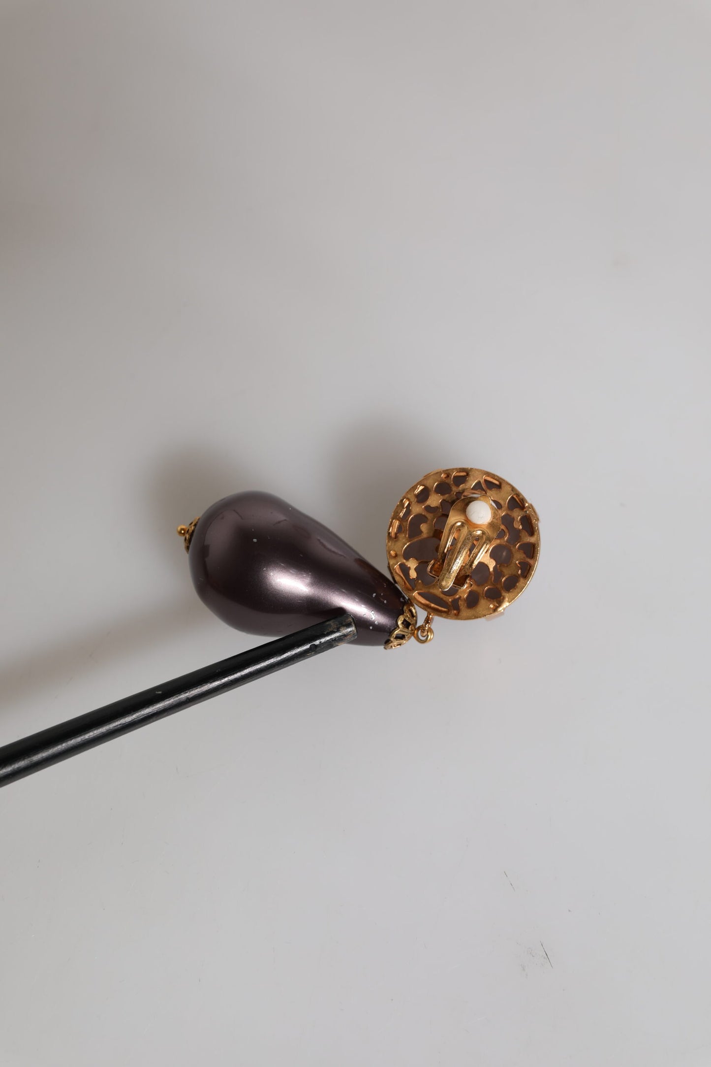 Dolce & Gabbana Gold Brass Black Pearl Clip On Dangling Jewelry Earrings