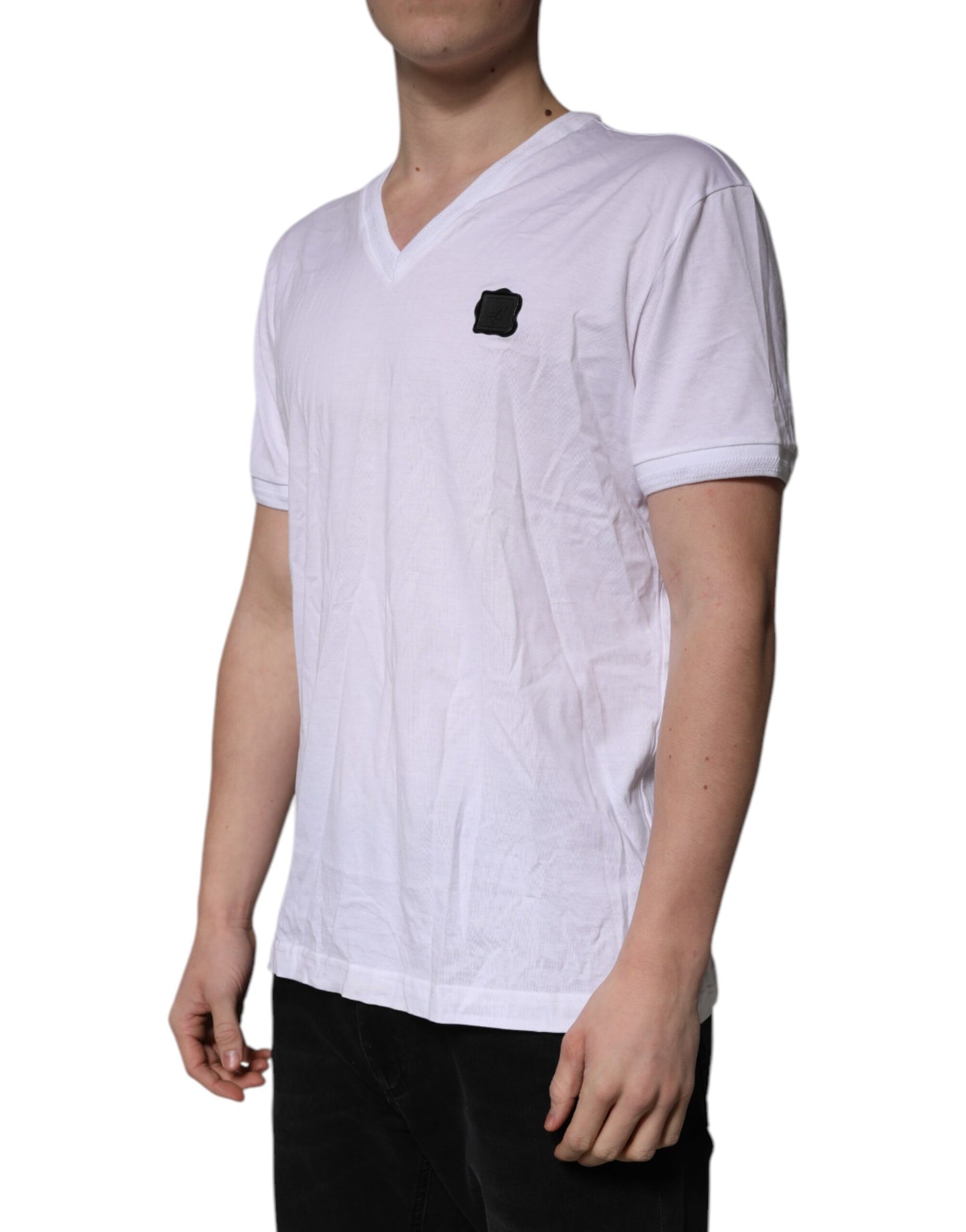 Dolce & Gabbana Hvit Bomulls-T-skjorte med Logo-lapp og V-hals