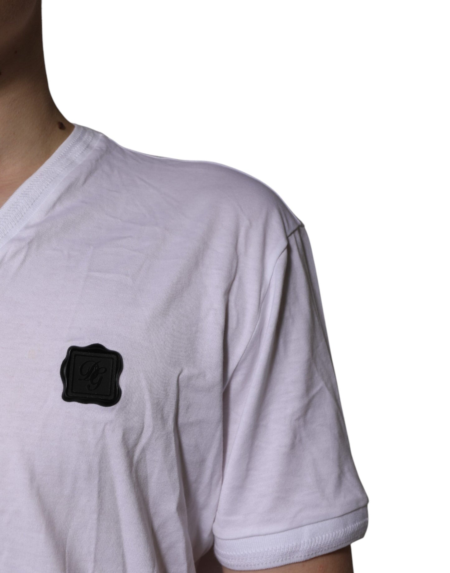 Dolce & Gabbana Hvit Bomulls-T-skjorte med Logo-lapp og V-hals