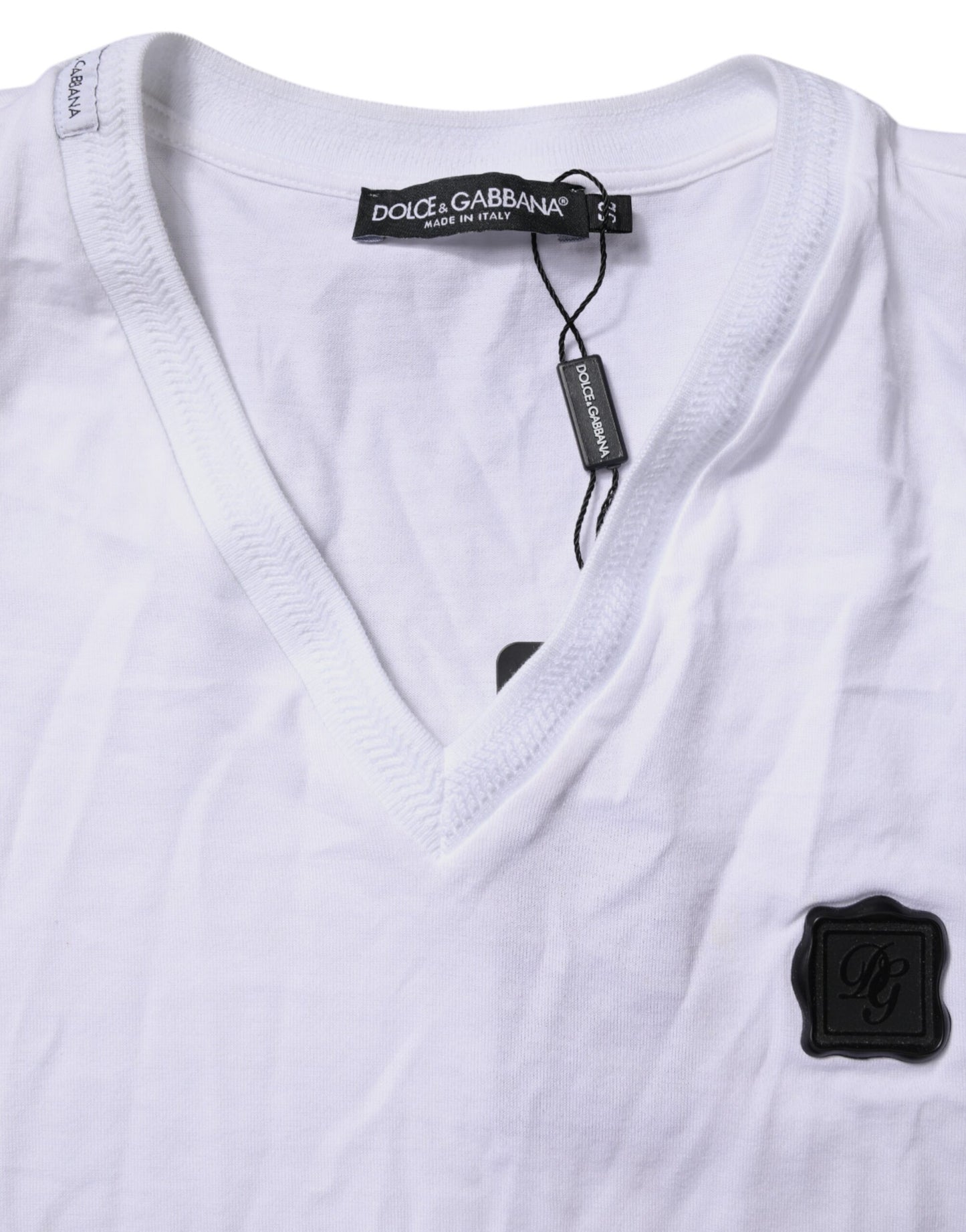 Dolce & Gabbana Hvit Bomulls-T-skjorte med Logo-lapp og V-hals