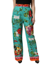 Dolce & Gabbana Green Silk Printed Straight Pants