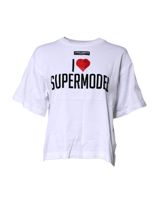 Dolce & Gabbana Hvit Trykt Topp Bomulls-T-skjorte med Rund Hals