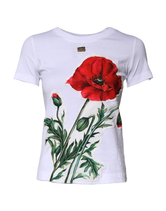 Dolce & Gabbana Hvit Blomsterprint Bomulls-T-skjorte med Rund Hals