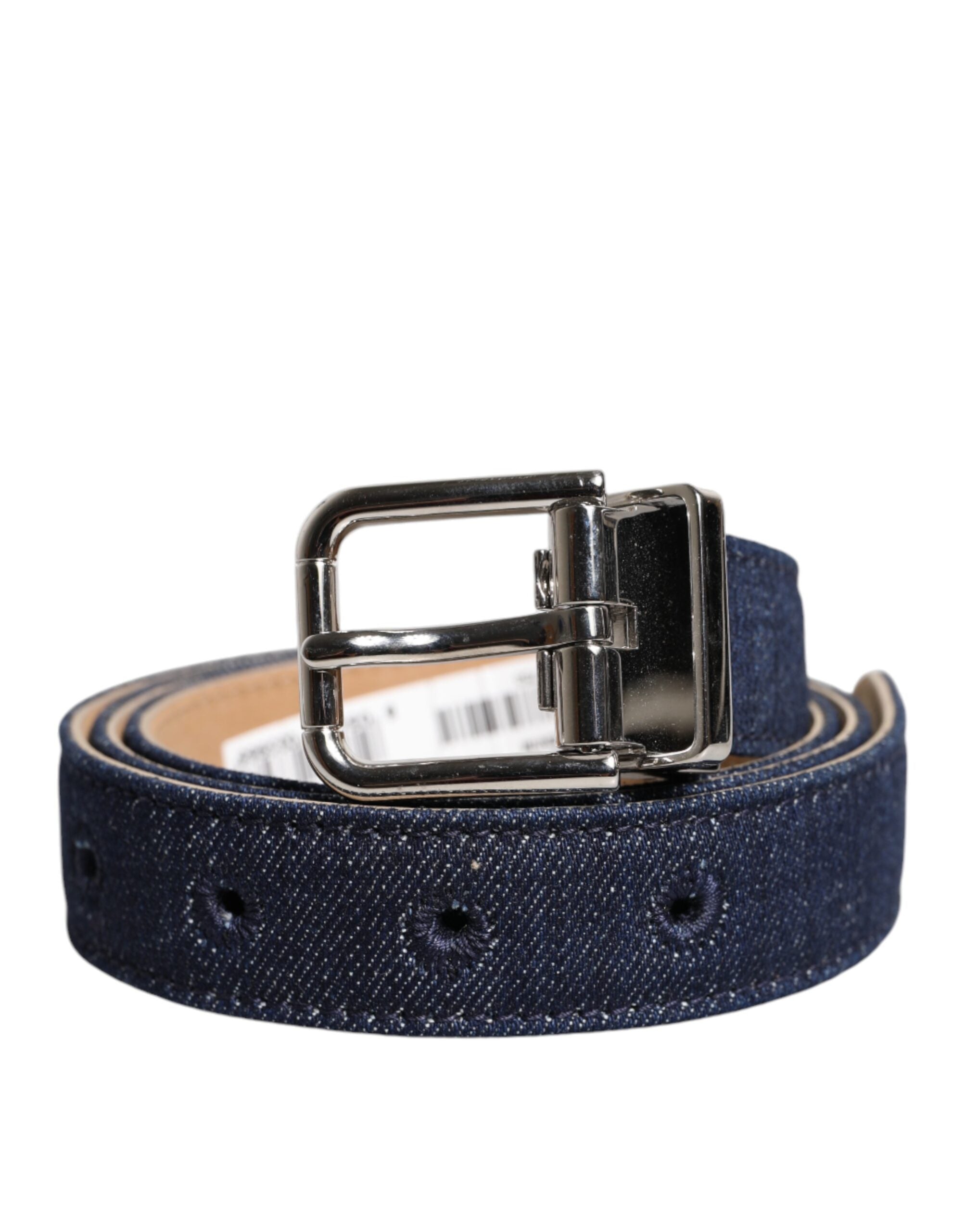Blå denim silver logotyp metallspänne midjebälte
