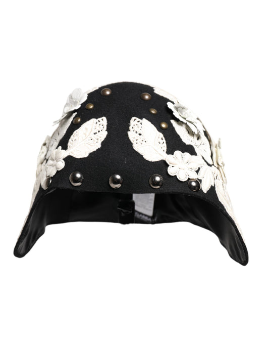 Dolce & Gabbana Svart Ull Hvit Blomster Gullblad Cloche Hatt
