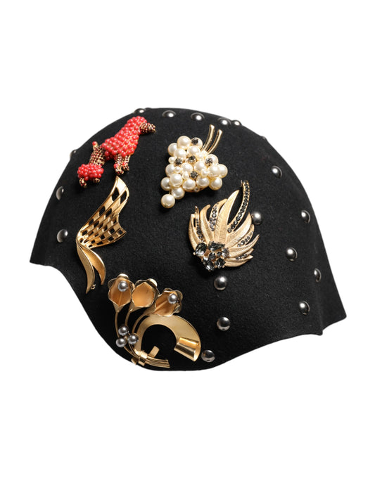 Dolce & Gabbana Svart Ull Flerfarget Pyntet Cloche Hatt
