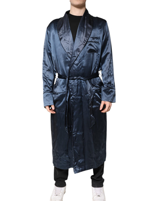Dolce & Gabbana Blue Solid Silk Men Wrap Robe Coat Jacket
