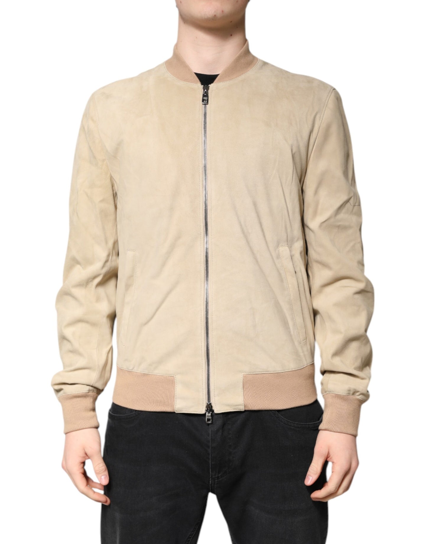Dolce & Gabbana Beige Lammskinn Full Dragkedja Herr Bomberjacka