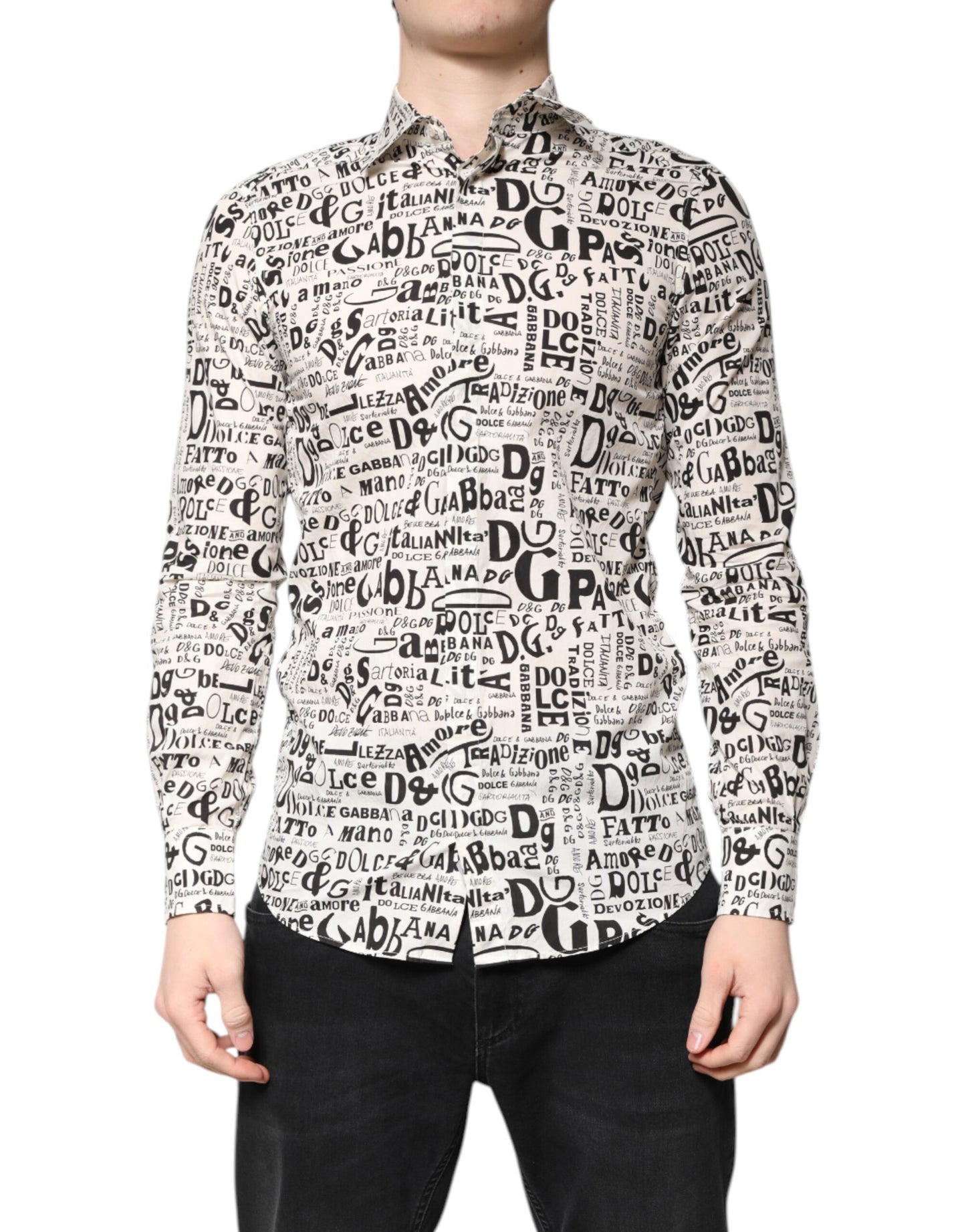 Dolce & Gabbana Vit Svart Logo MARTINI Herr Casual Skjorta