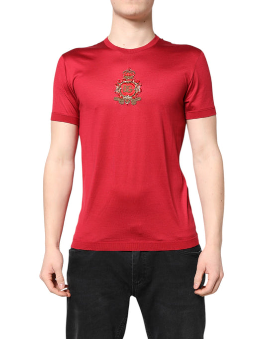 Dolce & Gabbana Red Silk DG Crown Logo Short Sleeve T-shirt