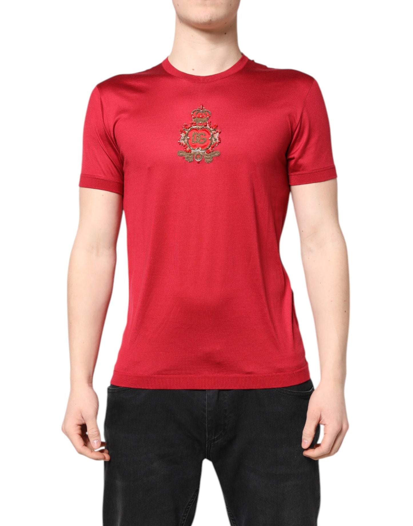 Dolce & Gabbana Röd Siden DG Kronlogotyp Kortärmad T-shirt