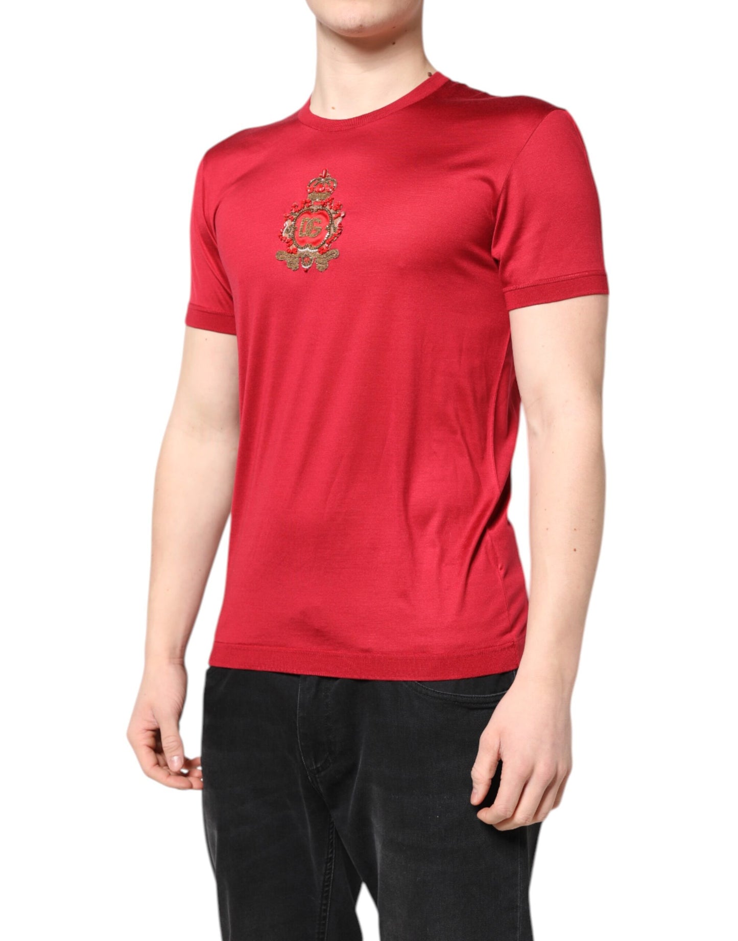 Dolce & Gabbana Röd Siden DG Kronlogotyp Kortärmad T-shirt