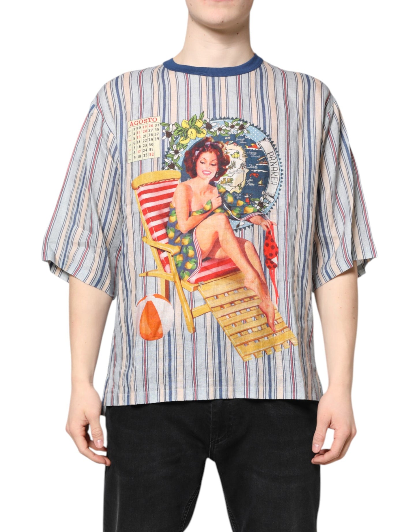 Dolce & Gabbana Flerfarget Stripete Pin Up Linen T-skjorte med Rund Hals