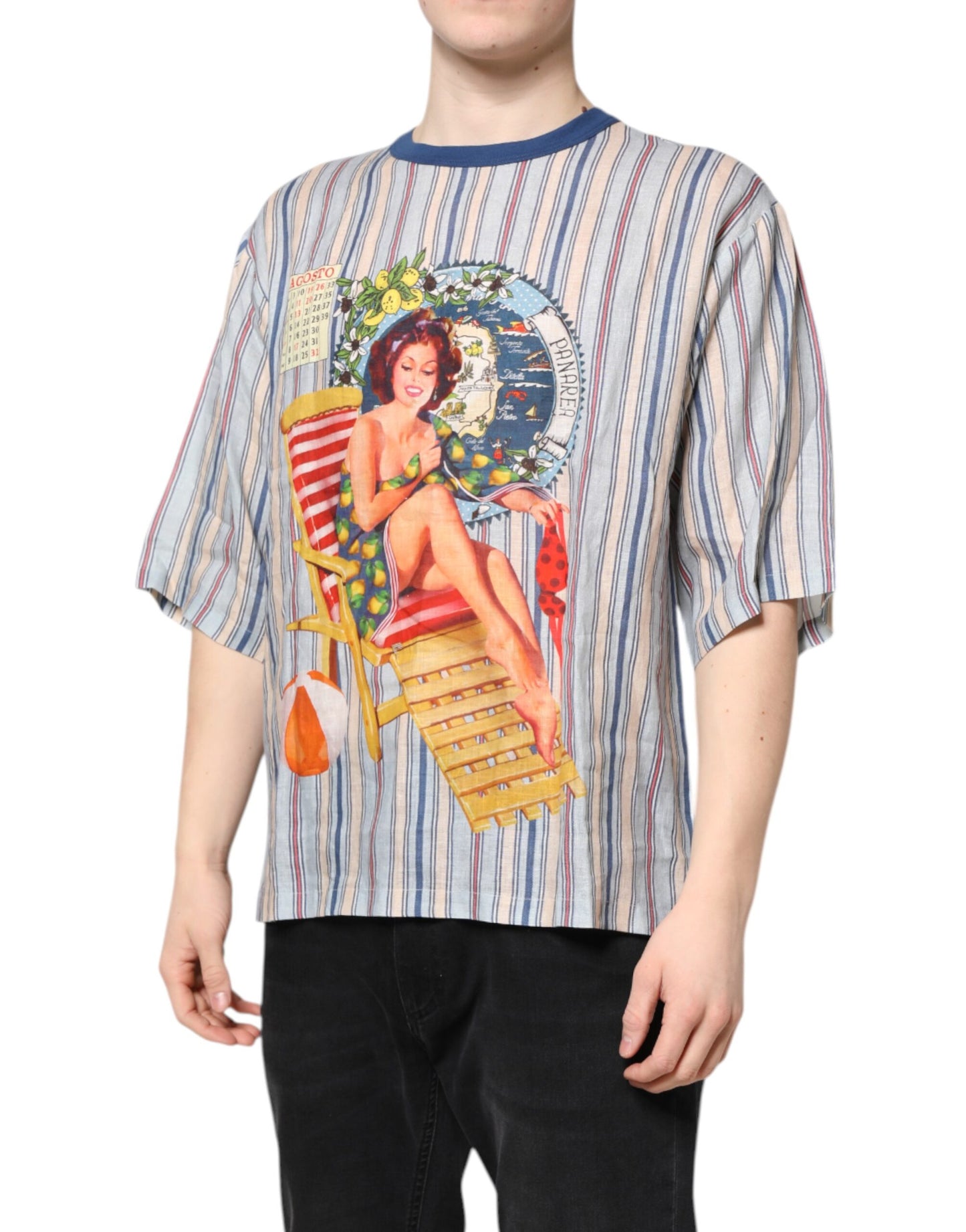 Dolce & Gabbana Flerfarget Stripete Pin Up Linen T-skjorte med Rund Hals
