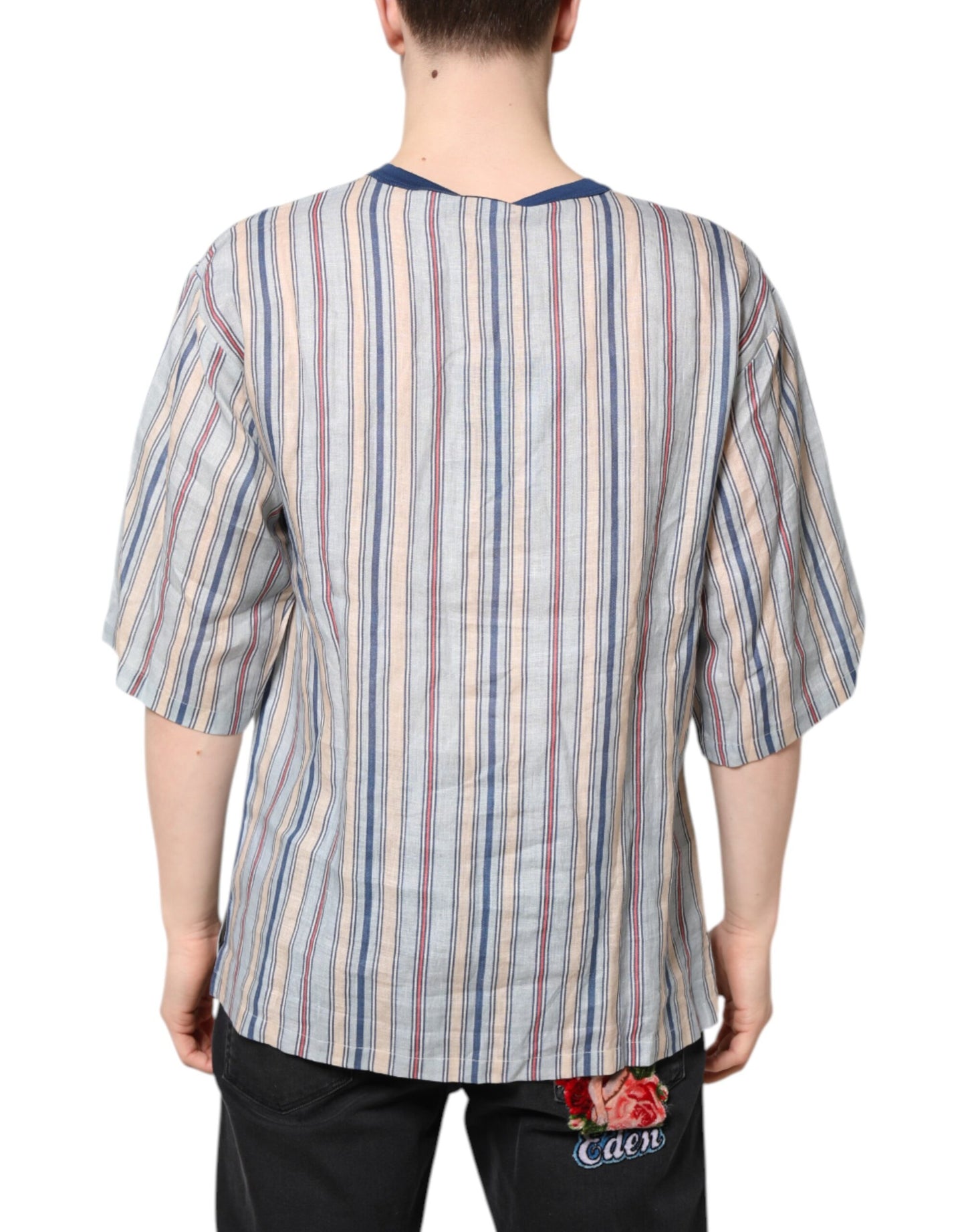 Dolce & Gabbana Flerfarget Stripete Pin Up Linen T-skjorte med Rund Hals