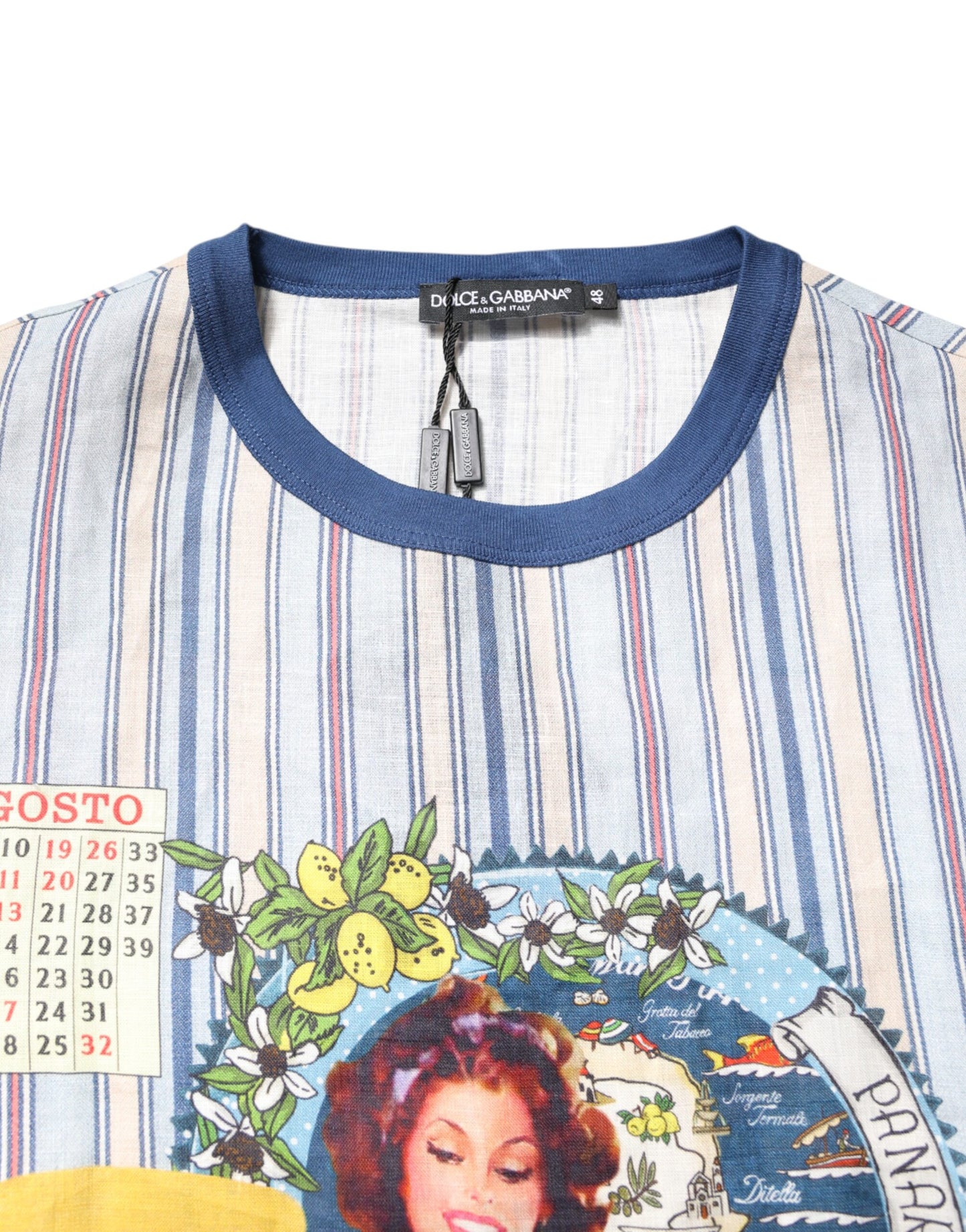 Dolce & Gabbana Flerfarget Stripete Pin Up Linen T-skjorte med Rund Hals